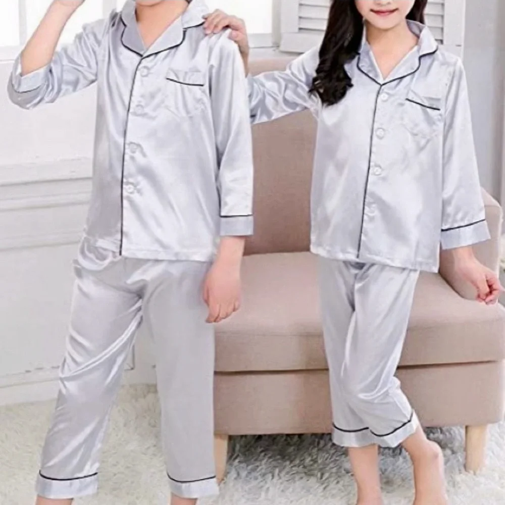 NWT Horcute Girls Satin Pajama Set Pants Long Sleeve Button Front Top Silver
